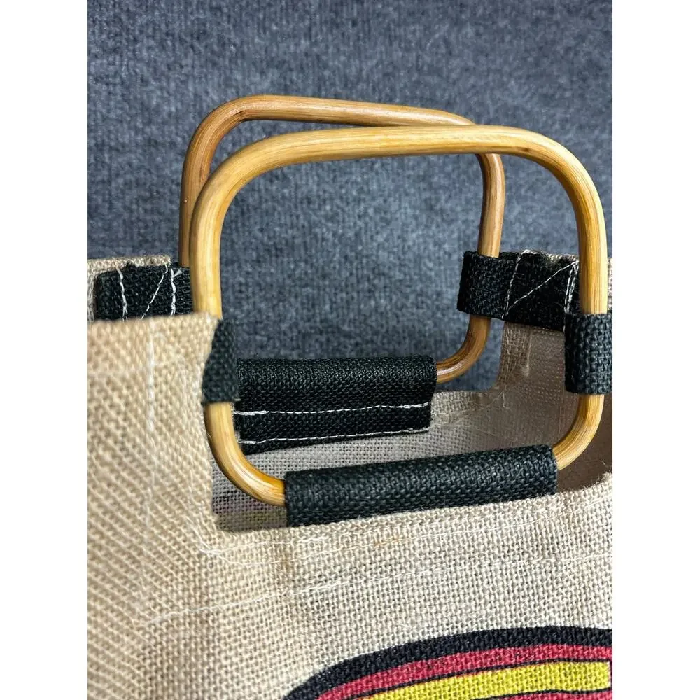 Vintage burlap tote San Francisco cable car trolley bamboo handles by Koret 15”